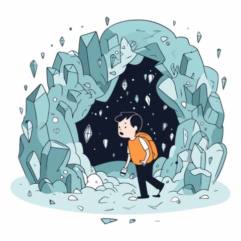 Vector illustration of a boy in a cave. Cute cartoon boy in a ca