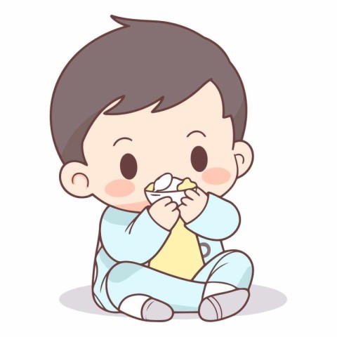 Illustration of a cute baby boy sitting on the floor and eating