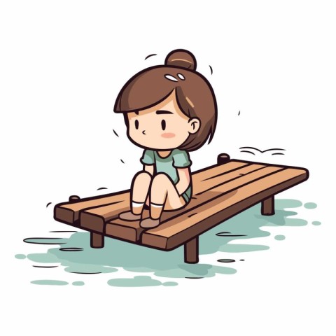 Little girl sitting on a wooden pier. Vector cartoon illustratio