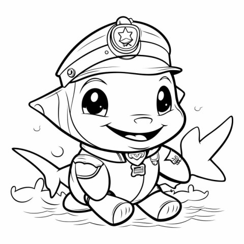 Black and White Cartoon Illustration of Cute Little Boy Captain