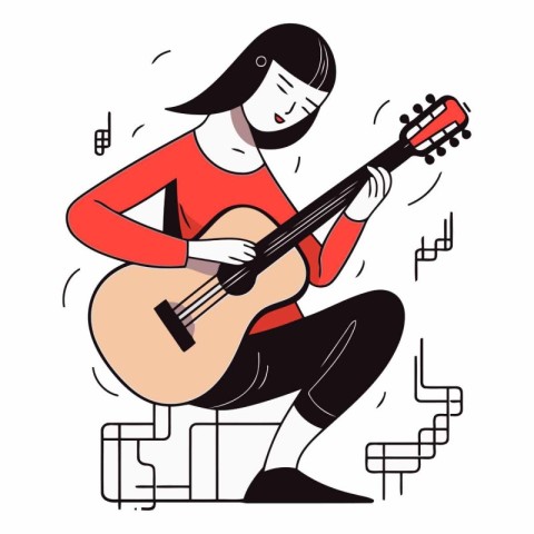 Girl playing the guitar in a flat cartoon style.