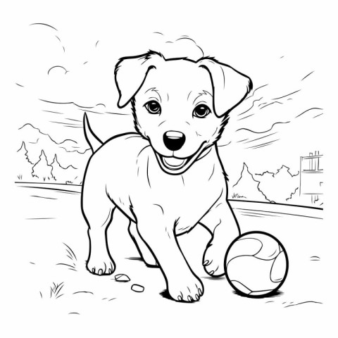 Cute puppy playing with a soccer ball. Black and white vector il