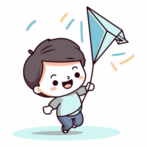 Cute boy flying a kite in cartoon style