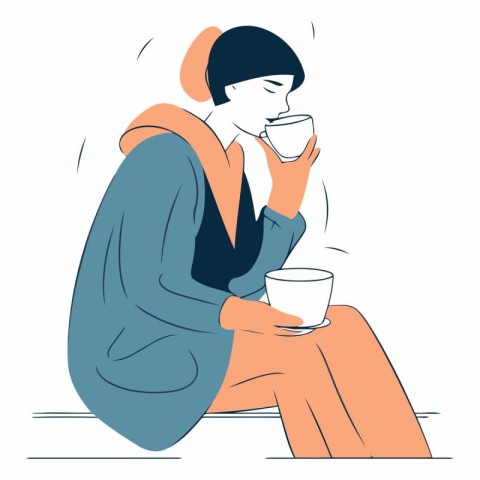 Illustration of a girl in a warm coat sitting on the bench with