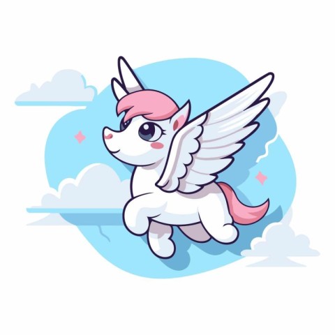 Cute cartoon unicorn flying in the sky isolated on white backgro