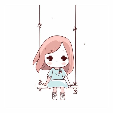 Cute little girl sitting on a swing in cartoon style.