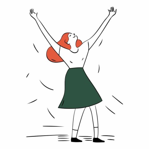 Happy young woman raising hands up in doodle style.