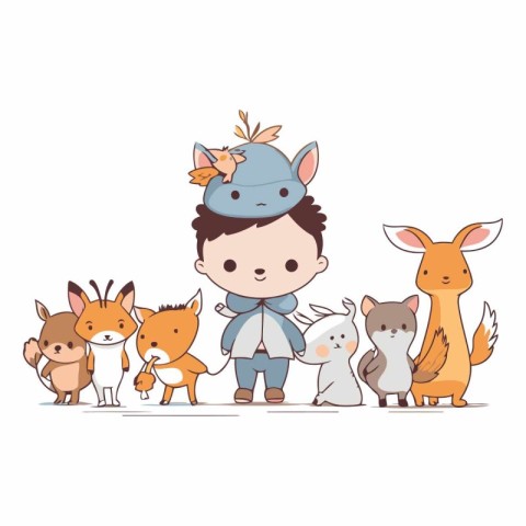 Cute little boy dressed as a knight with many animals.