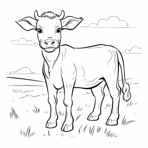 Cow on a meadow. Black and white vector illustration for colorin