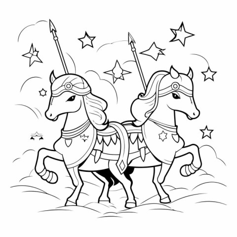 Unicorn with a spear and shield for coloring book.