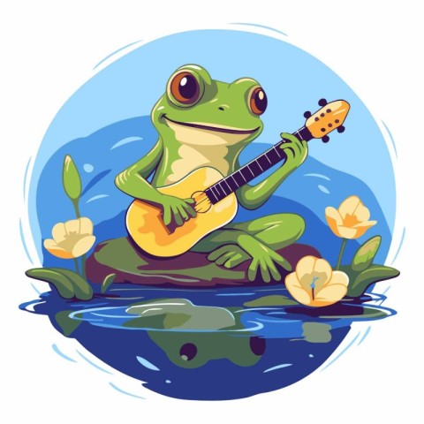 Frog playing guitar on the rock in the pond.