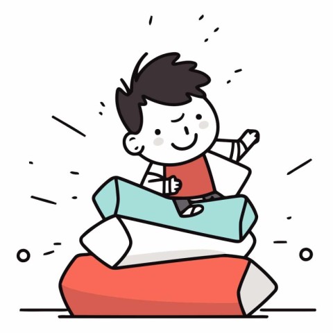 Boy playing with a pillow in thin line style.