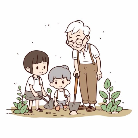 Grandfather and grandchildren working at the garden on white bac