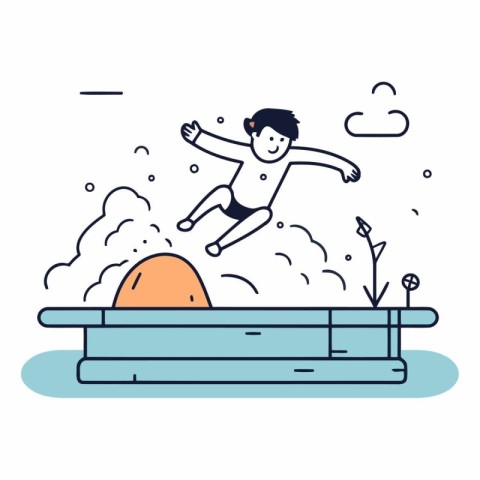 Vector illustration of a man jumping on a wooden platform. Flat