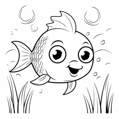 Black and White Cartoon Illustration of Cute Fish Animal Charact