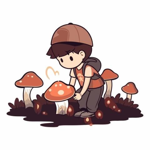 Little boy sitting on the ground and picking mushrooms.