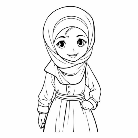 Muslim girl in traditional clothes. Coloring book.