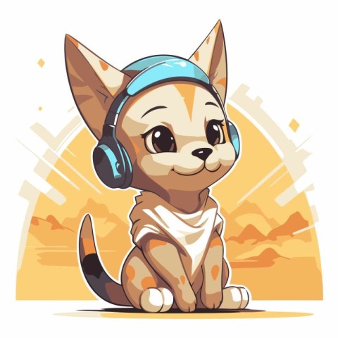 Cute cartoon dog listening to music with headphones.