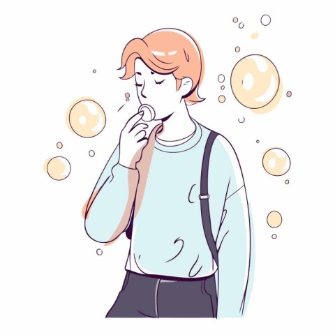 Vector illustration of a young red-haired man blowing soap bubbl