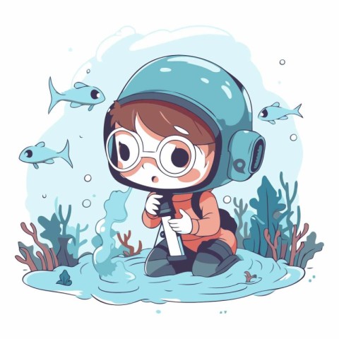 Cute little boy in space suit diving in the sea.