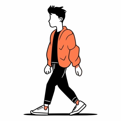 Vector illustration of a young man walking in orange jacket on w