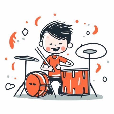 Boy playing drums. Cute hand drawn vector illustration in cartoo