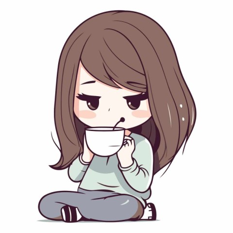 Cute little girl drinking coffee in cartoon style.