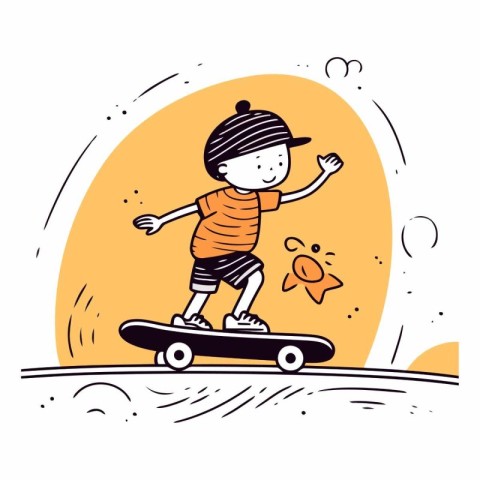 Boy riding a skateboard in doodle style.