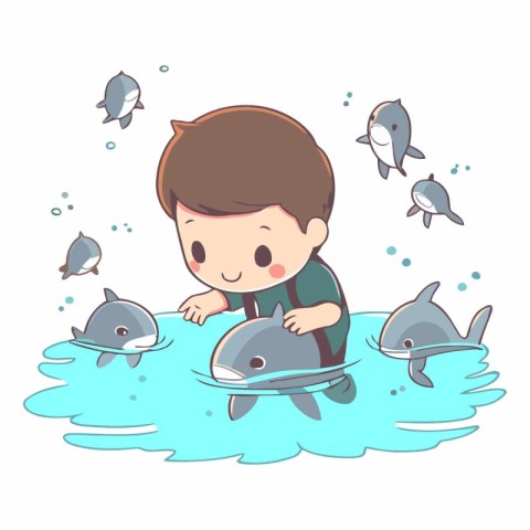 Cute boy playing with dolphins in the sea.