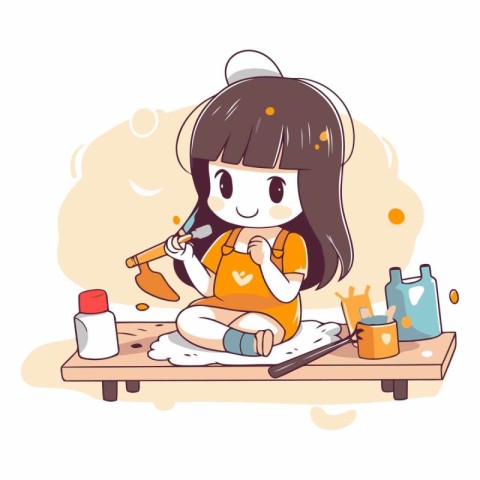 Illustration of a Little Girl Applying Makeup with Brushes