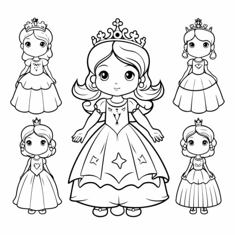 Cute princesses set for coloring book page.