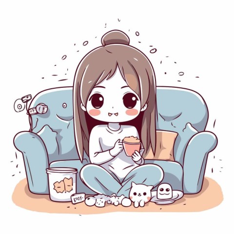 Cute little girl sitting on the sofa and drinking coffee