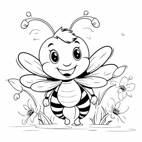 Cartoon bee with flowers. Black and white vector illustration fo