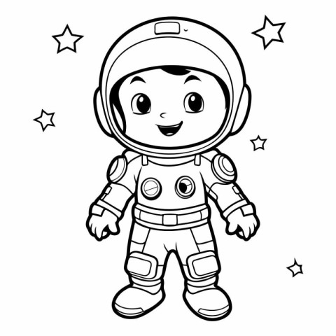 Black and White Cartoon Illustration of Astronaut Kid Character