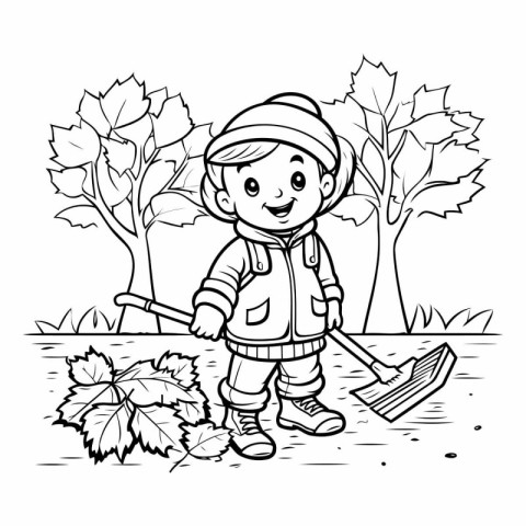 Boy with a shovel. Coloring book for children