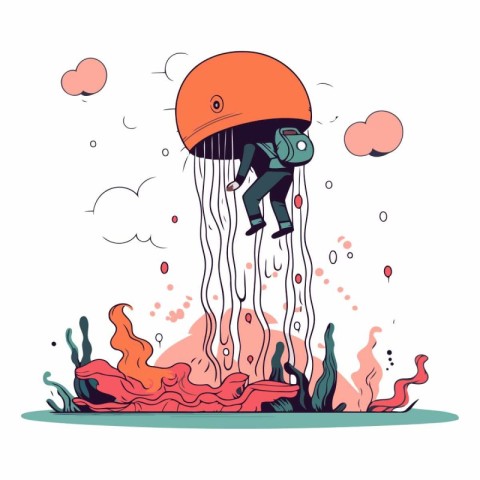 Astronaut floating on a jellyfish. Cartoon vector illustration.