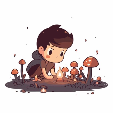 Little boy playing in mushroom garden. Cute cartoon vector illus