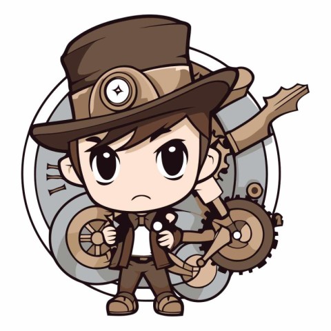 Cartoon cowboy boy with hat and shield. Vector clip art.