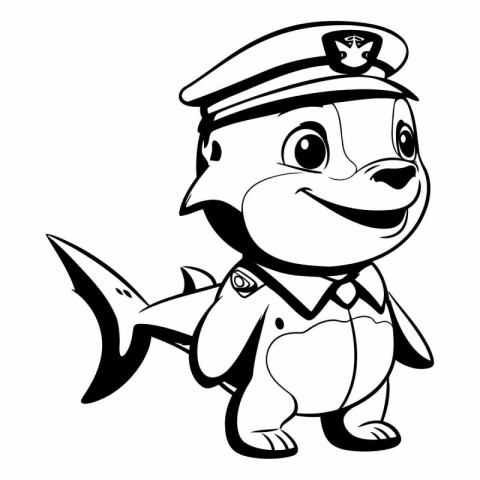 Black and White Cartoon Illustration of Cute Sea Turtle Sailor C