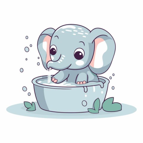 Cute cartoon elephant taking a bath on white background.