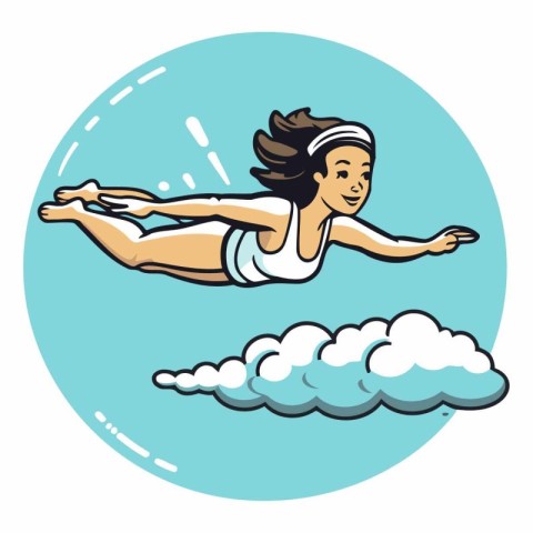 Woman floating on the clouds in a cartoon style.