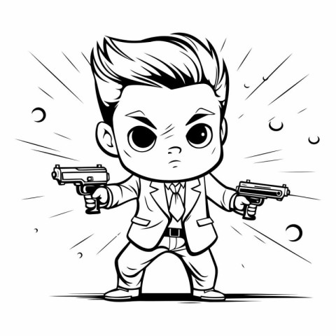 Cartoon illustration of a man in a business suit with guns.