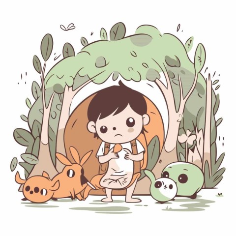 Cute little boy and animals in the jungle.