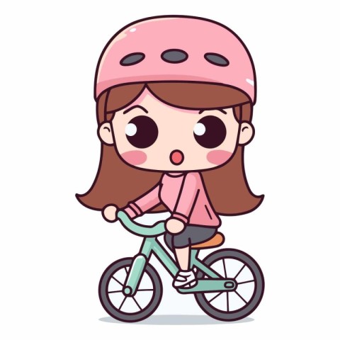 Girl in helmet riding bicycle. Cute cartoon style vector illustr