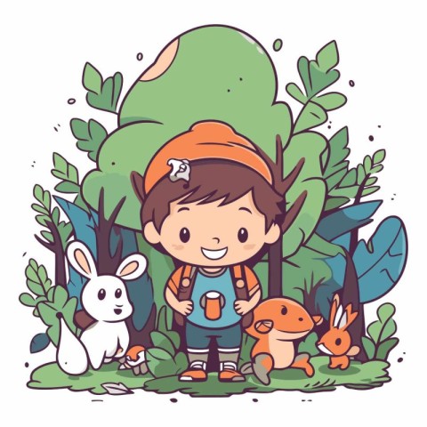 Boy with a backpack and rabbit in the forest.