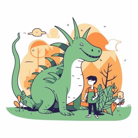 Vector illustration of a cute little boy with a dinosaur in the