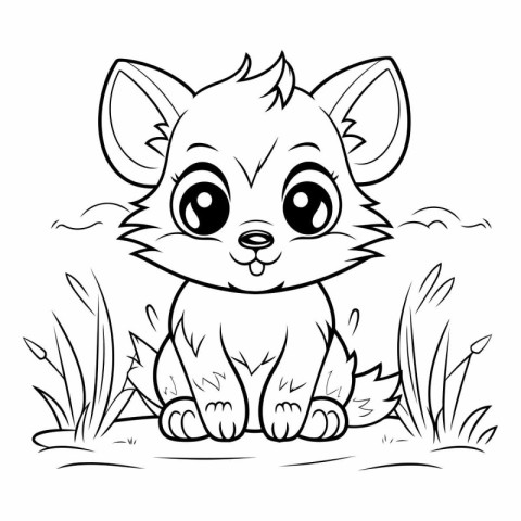 Cute little fox sitting on the grass. Coloring book for children