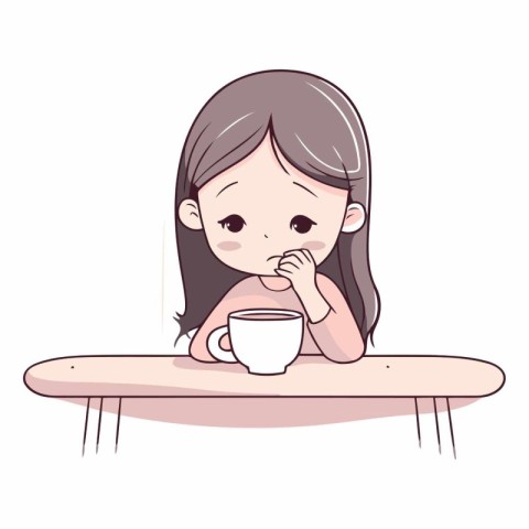 Cute little girl sitting at table and drinking coffee.