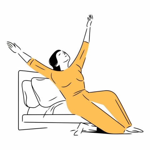 Woman stretching on the bed in a flat style.