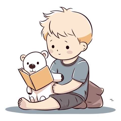 Boy reading a book with a teddy bear.